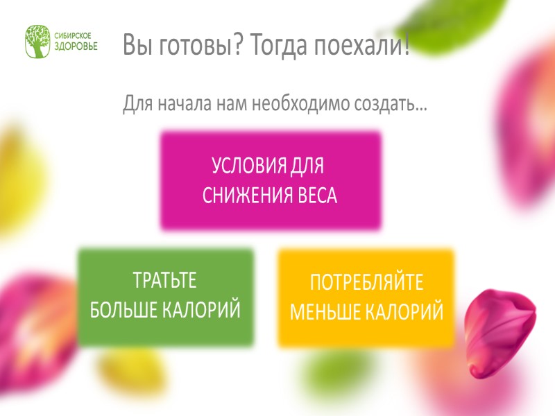 Вы готовы? Тогда поехали! Для начала нам необходимо создать… УСЛОВИЯ ДЛЯ  СНИЖЕНИЯ ВЕСА